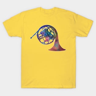 French Horn Silhouette: Rainbow Watercolor T-Shirt